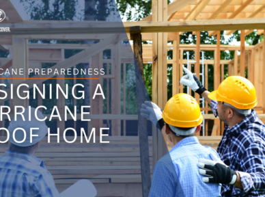 This image features a BMS CAT-branded graphic centered around the theme of hurricane preparedness. The background shows a partially constructed wooden home, with two construction workers wearing hard hats and discussing the structure. The main text reads, "Designing a Hurricane Proof Home," emphasizing the importance of building homes that can withstand hurricane conditions. Above the title, the words "Hurricane Preparedness" are displayed in smaller text, and the BMS CAT logo with the tagline "Restore. Rebuild. Recover." is positioned in the upper left corner. The image highlights the focus on proactive planning and construction techniques to safeguard homes against hurricanes.