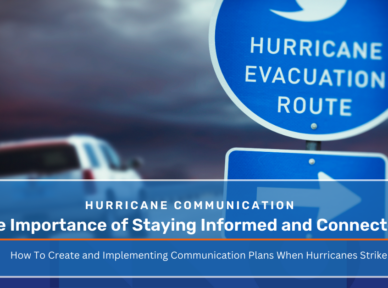 This image features a BMS CAT-branded graphic focused on hurricane communication. The background showcases a blurred image of a car driving under a stormy sky with a prominent "Hurricane Evacuation Route" sign in the foreground. The main text reads, "The Importance of Staying Informed and Connected," with a subtitle underneath that says, "How to Create and Implement Communication Plans When Hurricanes Strike." The text "Hurricane Communication" is displayed above the title in smaller letters. The image emphasizes the significance of effective communication and preparedness during hurricane events.