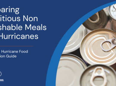 This image features a BMS CAT-branded graphic with the title "Preparing Nutritious Non-Perishable Meals For Hurricanes." The background is a deep blue color, and on the right side of the image, there is a photo of canned food items, emphasizing the theme of non-perishable food. The text below the title reads "Essential Hurricane Food Preparation Guide," aligning with the image's focus on providing guidance for food preparation during hurricane season. The BMS CAT logo and their tagline "Restore. Rebuild. Recover." are prominently displayed in the lower-left corner.